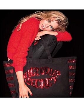 Victoria's Secret Black Tote with Red Sequin Logo and Stripe Accents